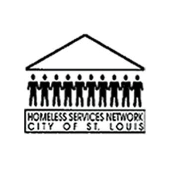 Black and white logo for Homeless Services Network city of St. Louis.