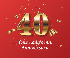 Our Lady's Inn 40th Anniversary golden text on red background.